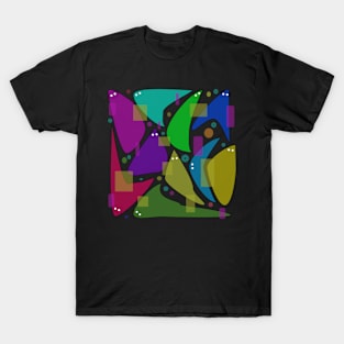 Unique design, black background with vibrant colors and shapes. Quirky and fun! T-Shirt